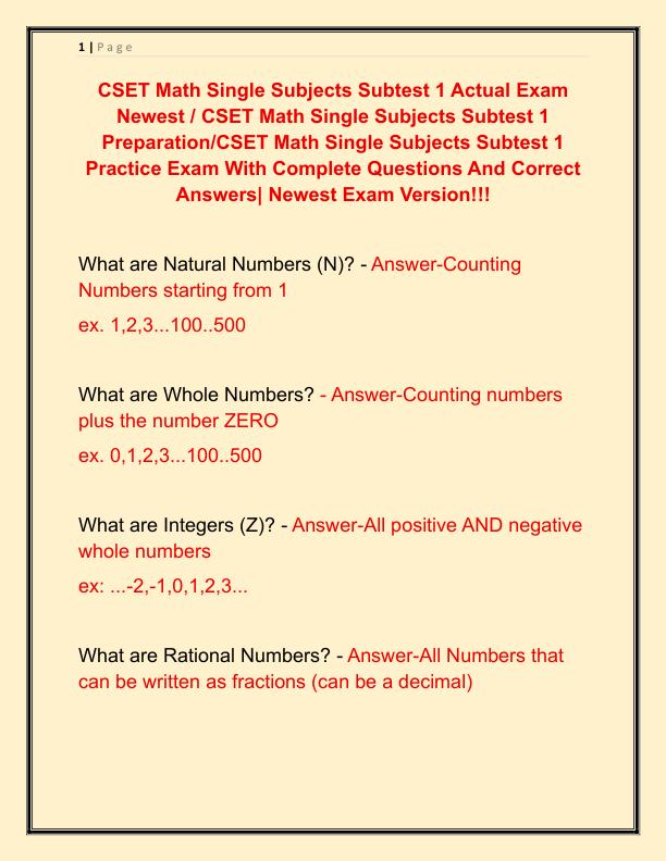 CSET Math Single Subjects Subtest 1 Actual Exam Newest