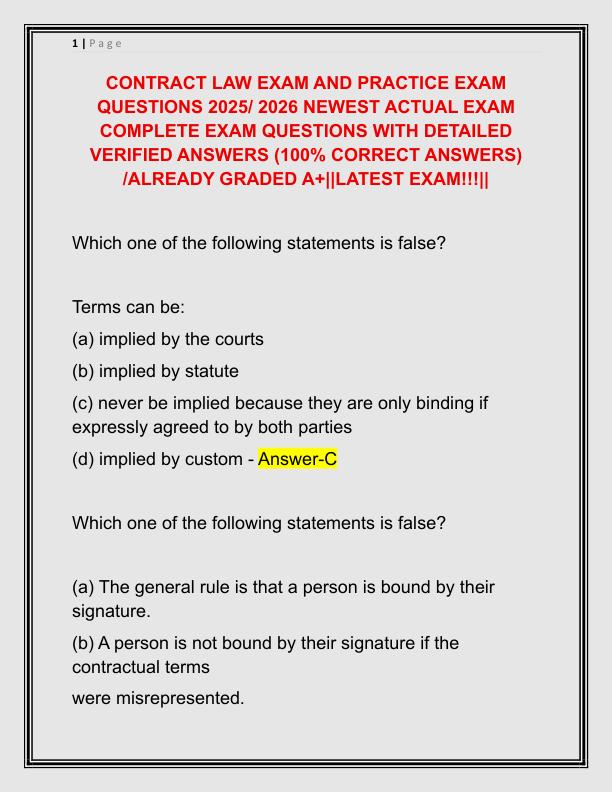 CONTRACT LAW EXAM AND PRACTICE EXAM QUESTIONS 2025