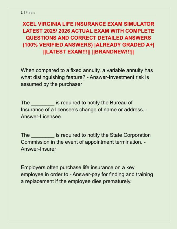 XCEL VIRGINIA LIFE INSURANCE EXAM SIMULATOR LATEST 2025