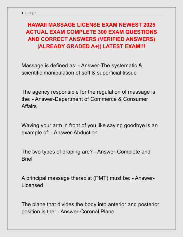 mobile-preview-HAWAII MASSAGE LICENSE EXAM NEWEST 2025 ACTUAL EXAM COMPLETE 300 EXAM QUESTIONS AND CORRECT ANSWERS