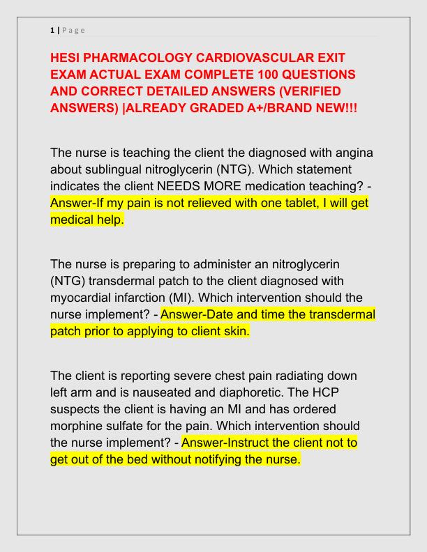 mobile-preview-HESI PHARMACOLOGY CARDIOVASCULAR EXIT EXAM ACTUAL EXAM COMPLETE 100 QUESTIONS AND CORRECT DETAILED ANSWERS