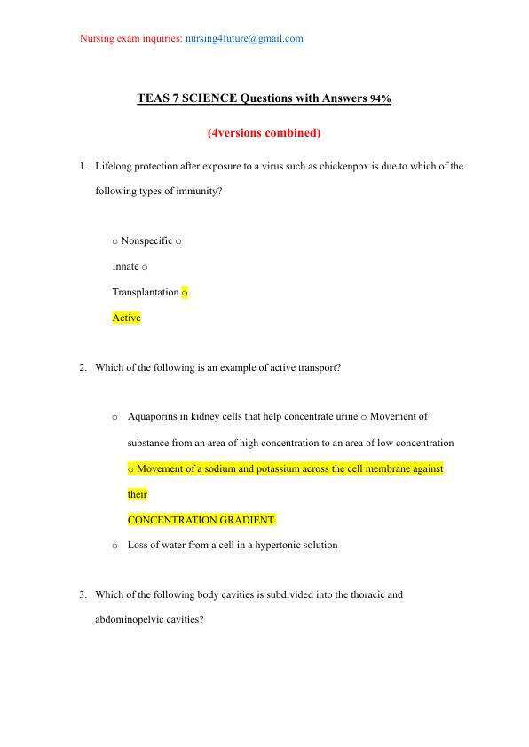 TEAS 7 SCIENCE EXAM 2024 (4 Versions combined).pdf