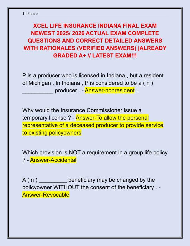 XCEL LIFE INSURANCE INDIANA FINAL EXAM NEWEST 2025