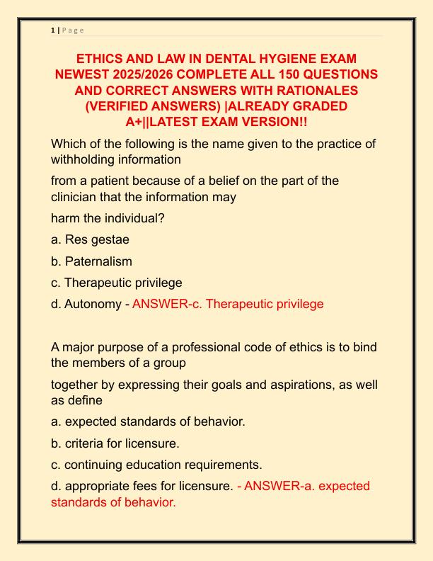 ETHICS AND LAW IN DENTAL HYGIENE EXAM NEWEST 2025