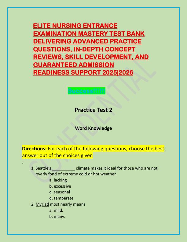 ELITE NURSING ENTRANCE EXAMINATION MASTERY TEST BANK DELIVERING ADVANCED PRACTICE QUESTIONS