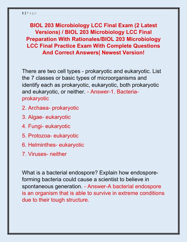 BIOL 203 Microbiology LCC Final Exam
