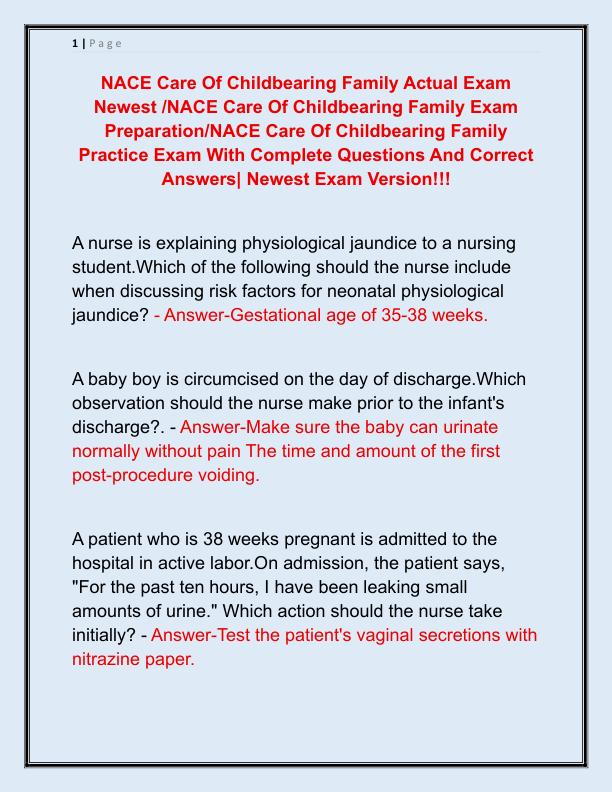 NACE Care Of Childbearing Family Actual Exam Newest