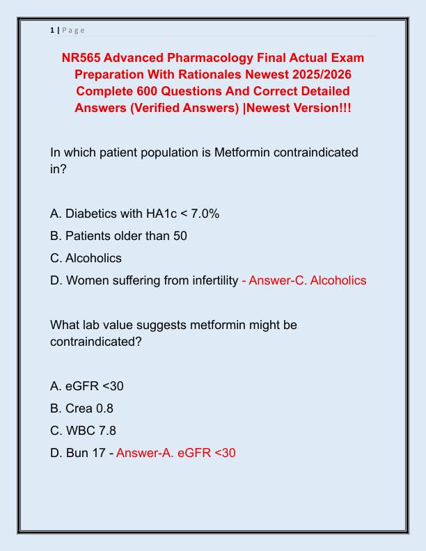 NR565 Advanced Pharmacology Final Actual Exam Preparation With Rationales Newest 2025