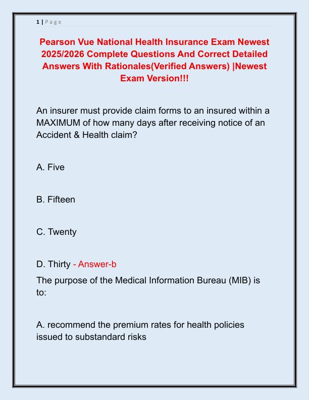 Pearson Vue National Health Insurance Exam Newest 2025