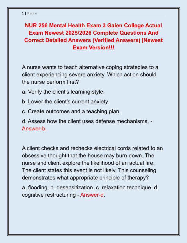 NUR 256 Mental Health Exam 3 Galen College Actual Exam Newest 2025