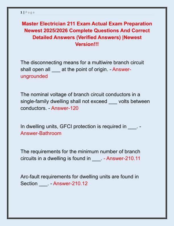 Master Electrician 211 Exam Actual Exam Preparation Newest 2025