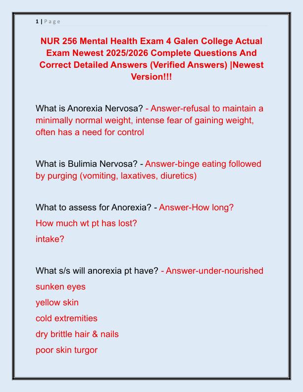 NUR 256 Mental Health Exam 4 Galen College Actual Exam Newest 2025