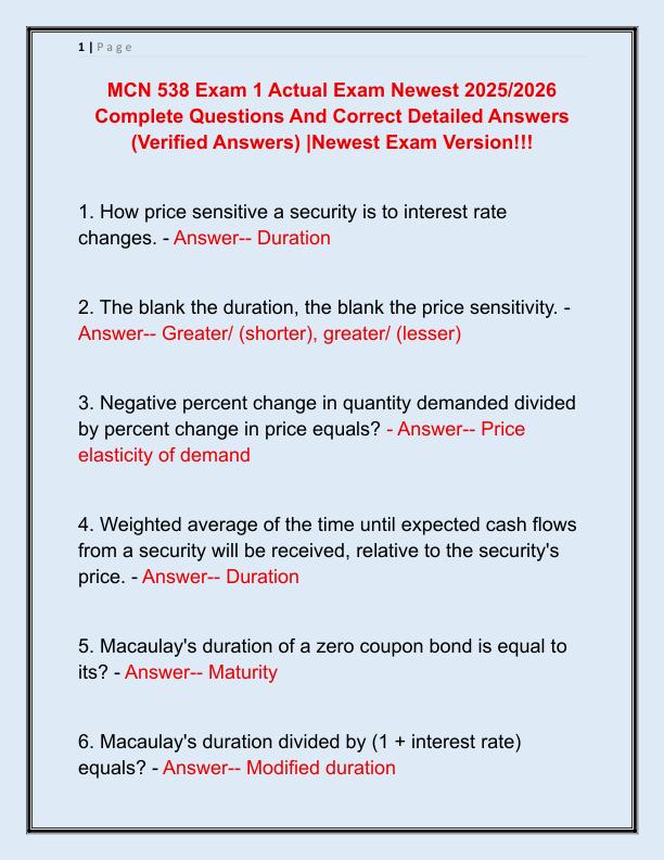 MCN 538 Exam 1 Actual Exam Newest 2025