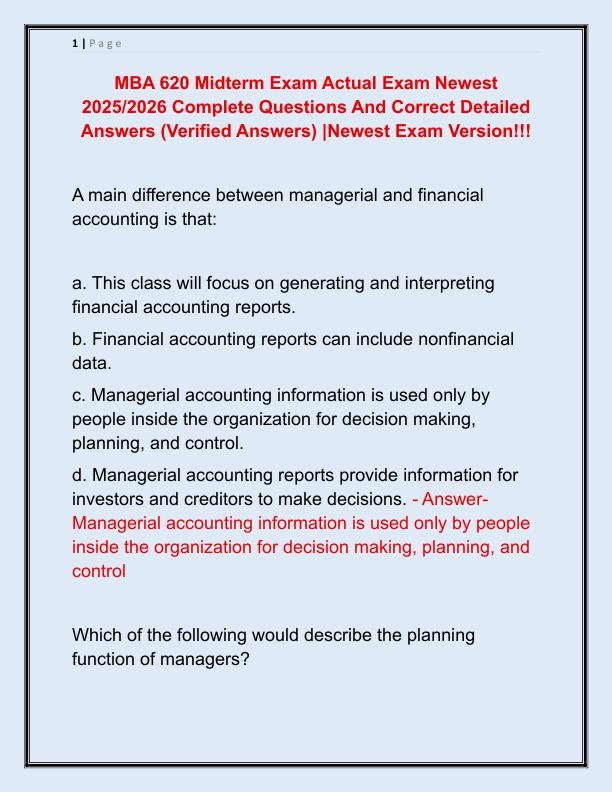 MBA 620 Midterm Exam Actual Exam Newest 2025