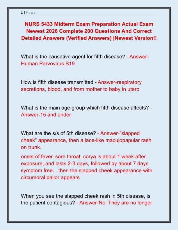 NURS 5433 Midterm Exam Preparation Actual Exam Newest 2026 Complete 200 Questions And Correct Detailed Answers