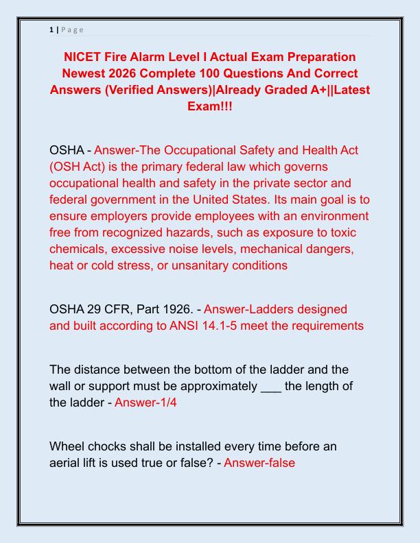 NICET Fire Alarm Level I Actual Exam Preparation Newest 2026 Complete 100 Questions And Correct Answers