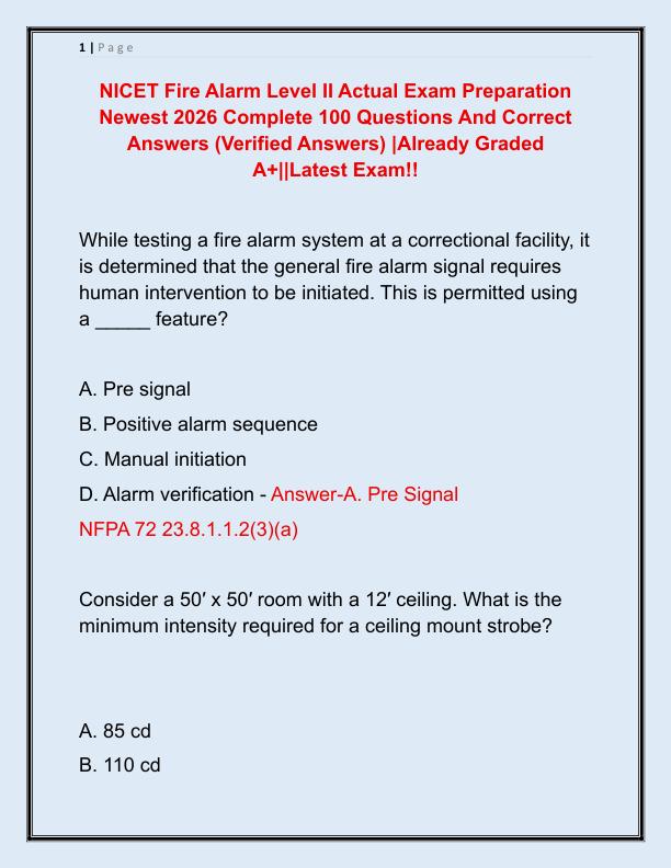NICET Fire Alarm Level II Actual Exam Preparation Newest 2026 Complete 100 Questions And Correct Answers