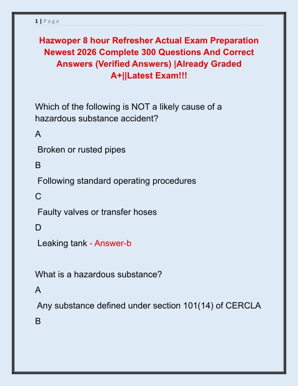Hazwoper 8 hour Refresher Actual Exam Preparation Newest 2026 Complete 300 Questions And Correct Answers
