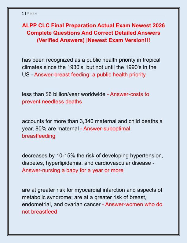 ALPP CLC Final Preparation Actual Exam Newest 2026 Complete Questions And Correct Detailed Answers