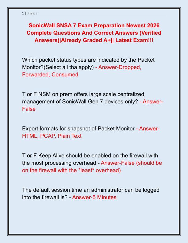 SonicWall SNSA 7 Exam Preparation Newest 2026 Complete Questions And Correct Answers