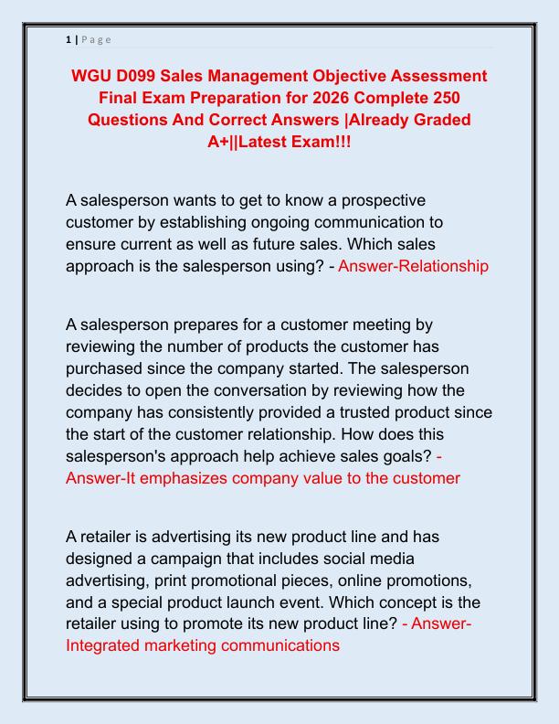 WGU D099 Sales Management Objective Assessment Final Exam Preparation for 2026 Complete 250 Questions And Correct Answers