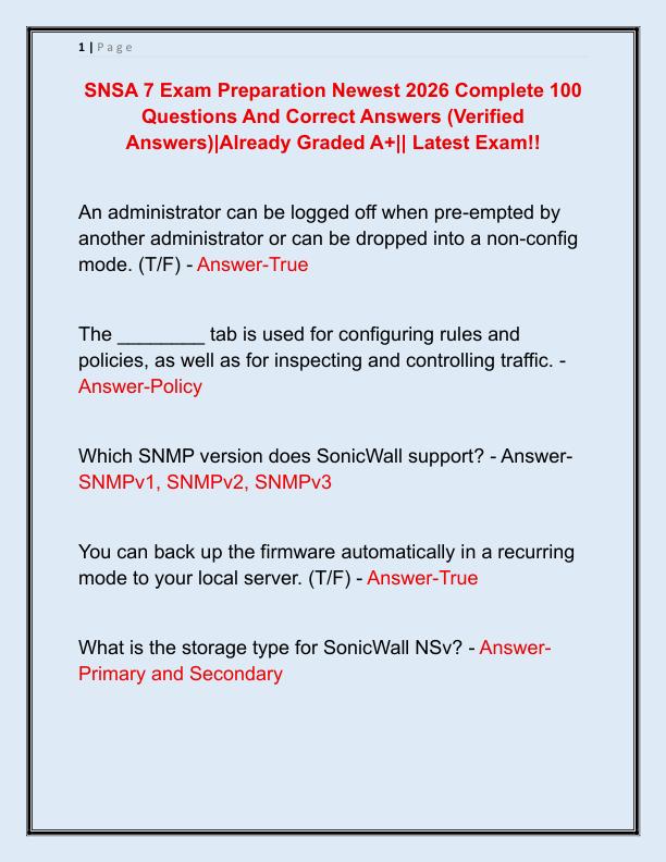 SNSA 7 Exam Preparation Newest 2026 Complete 100 Questions And Correct Answers