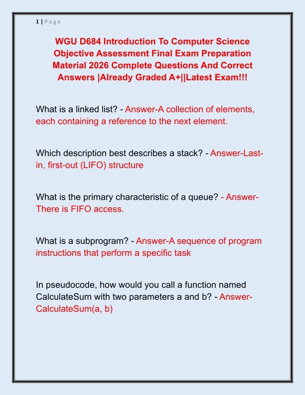 WGU D684 Introduction To Computer Science Objective Assessment Final Exam Preparation Material 2026 Complete Questions And Correct Answers