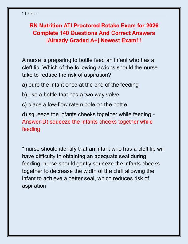 RN Nutrition ATI Proctored Retake Exam for 2026 Complete 140 Questions And Correct Answers