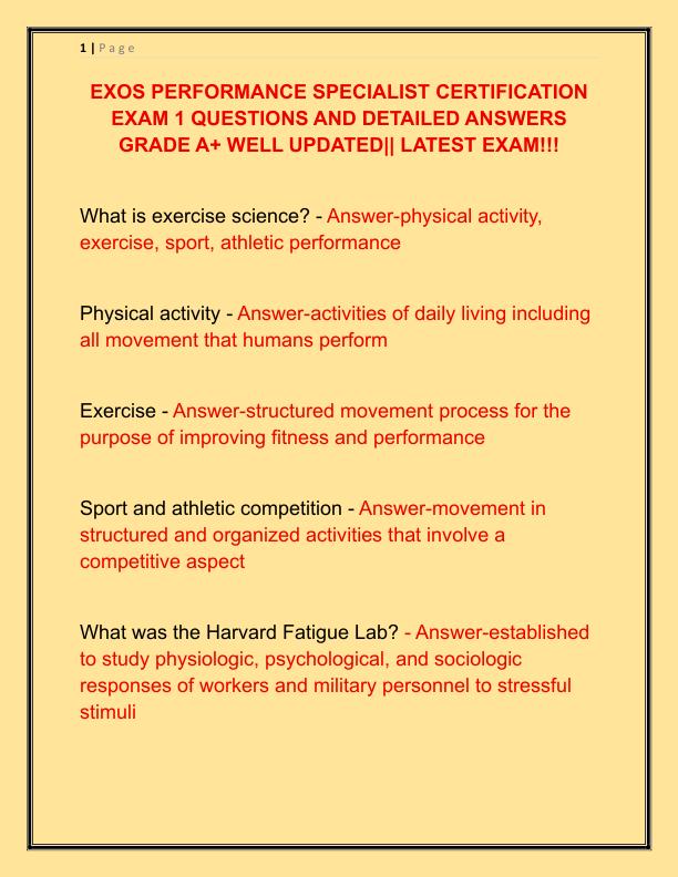 EXOS PERFORMANCE SPECIALIST CERTIFICATION EXAM 1 QUESTIONS AND DETAILED ANSWERS GRADE A