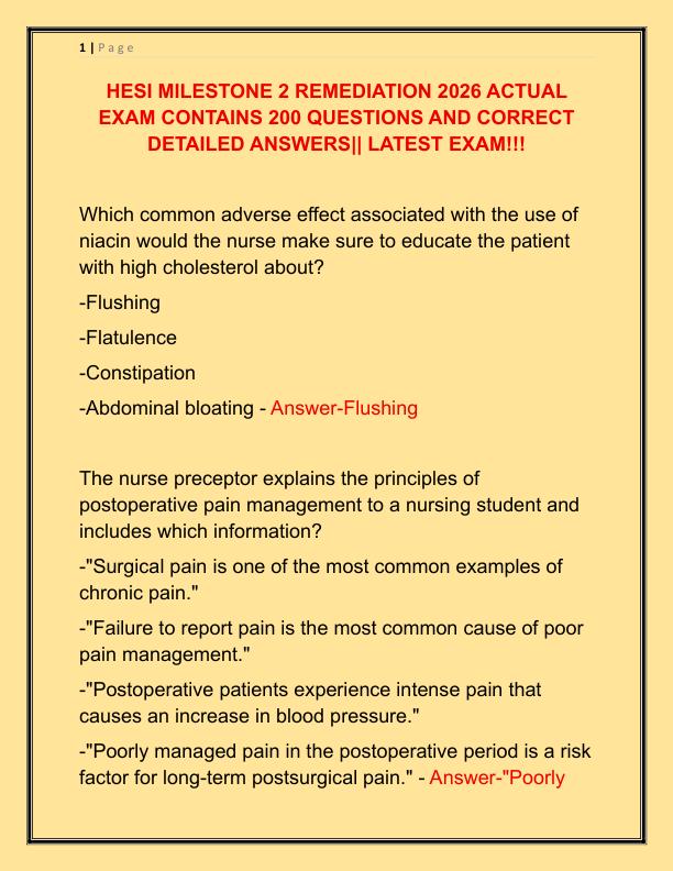 HESI MILESTONE 2 REMEDIATION 2026 ACTUAL EXAM CONTAINS 200 QUESTIONS AND CORRECT DETAILED ANSWERS