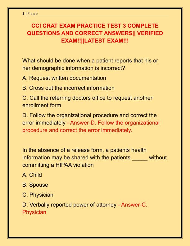 CCI CRAT EXAM PRACTICE TEST 3 COMPLETE QUESTIONS AND CORRECT ANSWERS