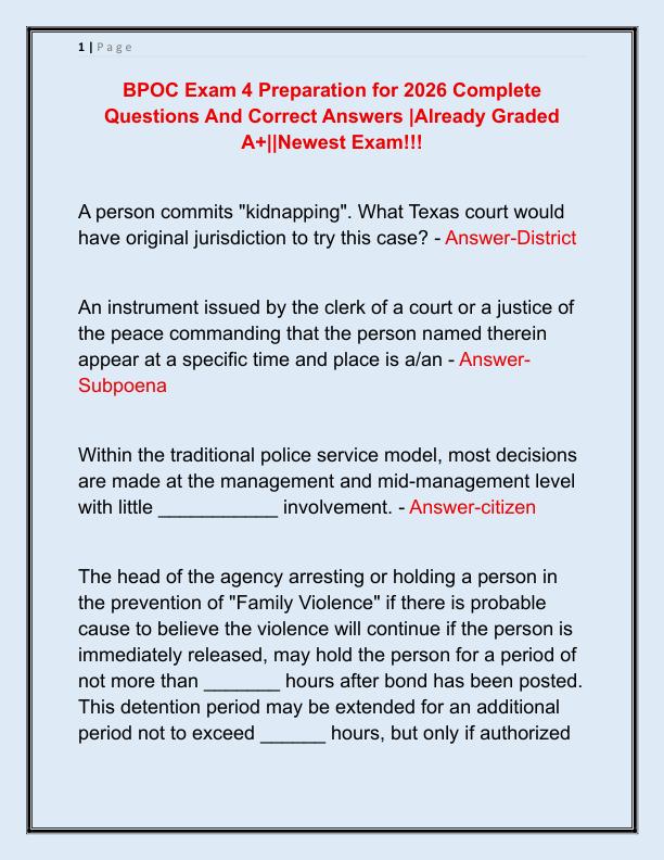 BPOC Exam 4 Preparation for 2026 Complete Questions And Correct Answers