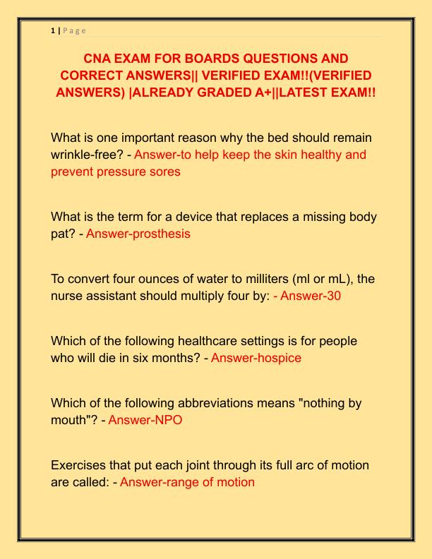 CNA EXAM FOR BOARDS QUESTIONS AND CORRECT ANSWERS