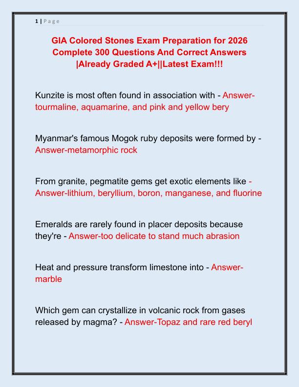 GIA Colored Stones Exam Preparation for 2026 Complete 300 Questions And Correct Answers