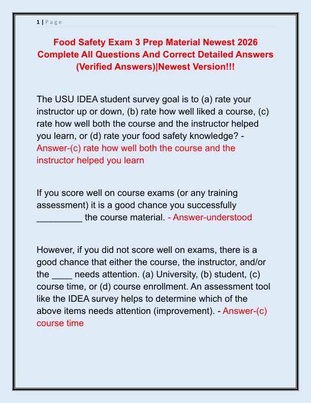 Food Safety Exam 3 Prep Material Newest 2026 Complete All Questions And Correct Detailed Answers