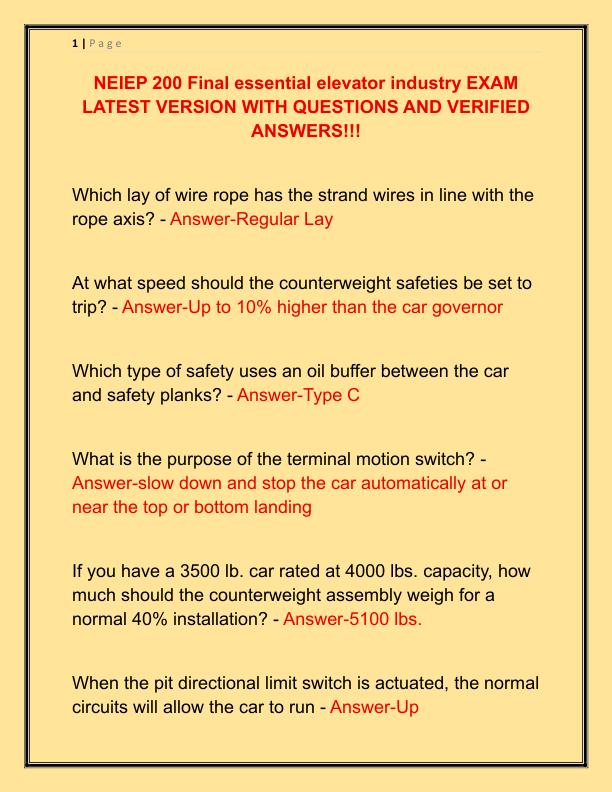 NEIEP 200 Final essential elevator industry EXAM LATEST VERSION WITH QUESTIONS AND VERIFIED ANSWERS