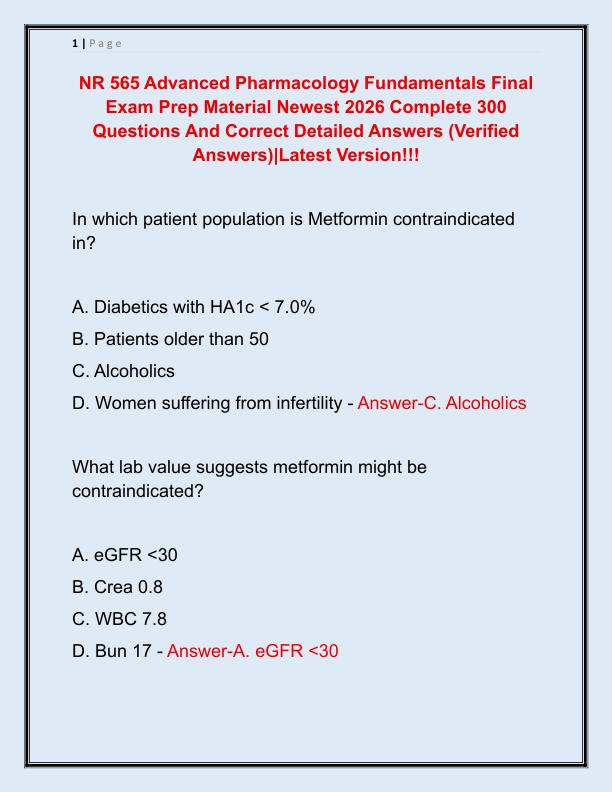 NR 565 Advanced Pharmacology Fundamentals Final Exam Prep Material Newest 2026 Complete 300 Questions And Correct Detailed Answers