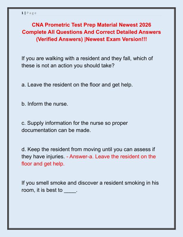 CNA Prometric Test Prep Material Newest 2026 Complete All Questions And Correct Detailed Answers