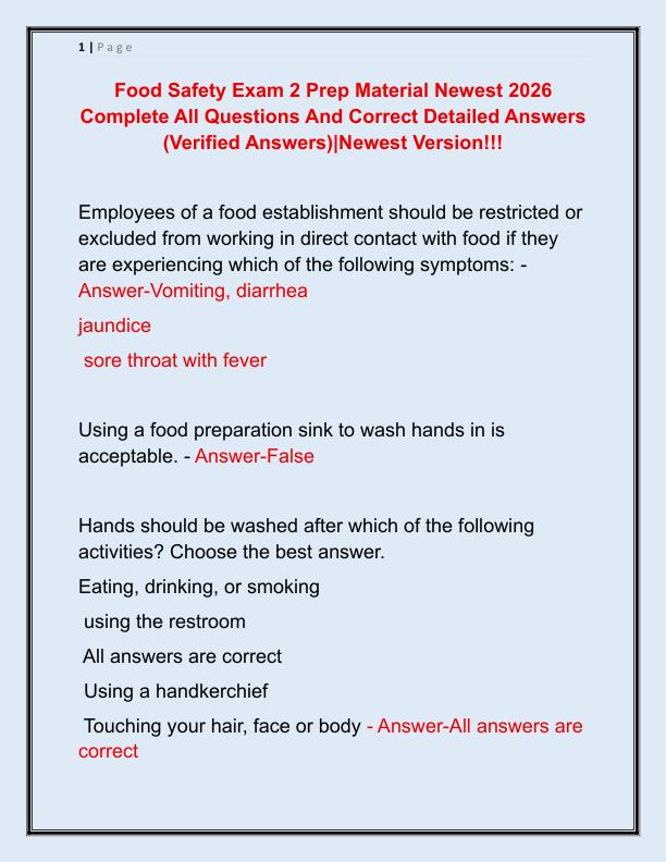 Food Safety Exam 2 Prep Material Newest 2026 Complete All Questions And Correct Detailed Answers