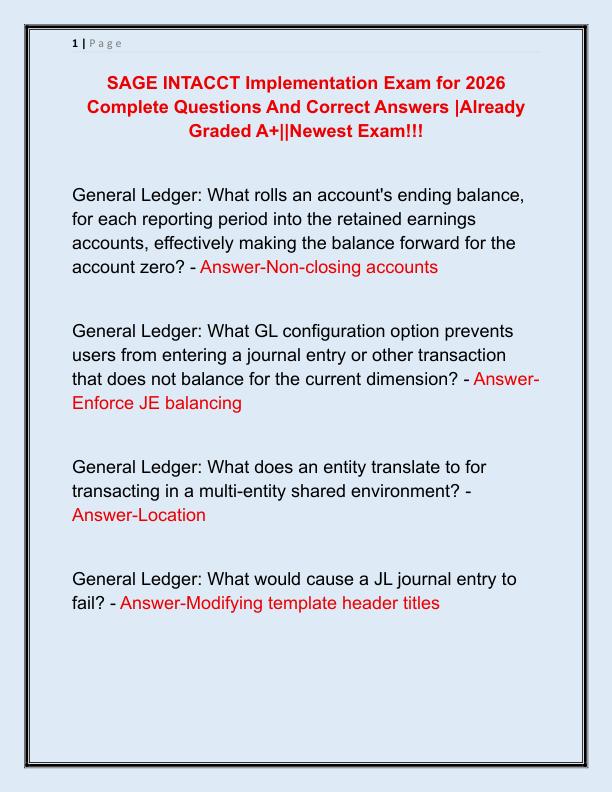 SAGE INTACCT Implementation Exam for 2026 Complete Questions And Correct Answers