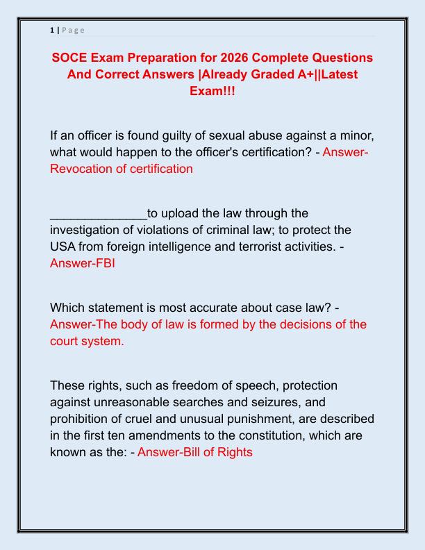 SOCE Exam Preparation for 2026 Complete Questions And Correct Answers