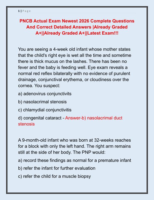 PNCB Actual Exam Newest 2026 Complete Questions And Correct Detailed Answers
