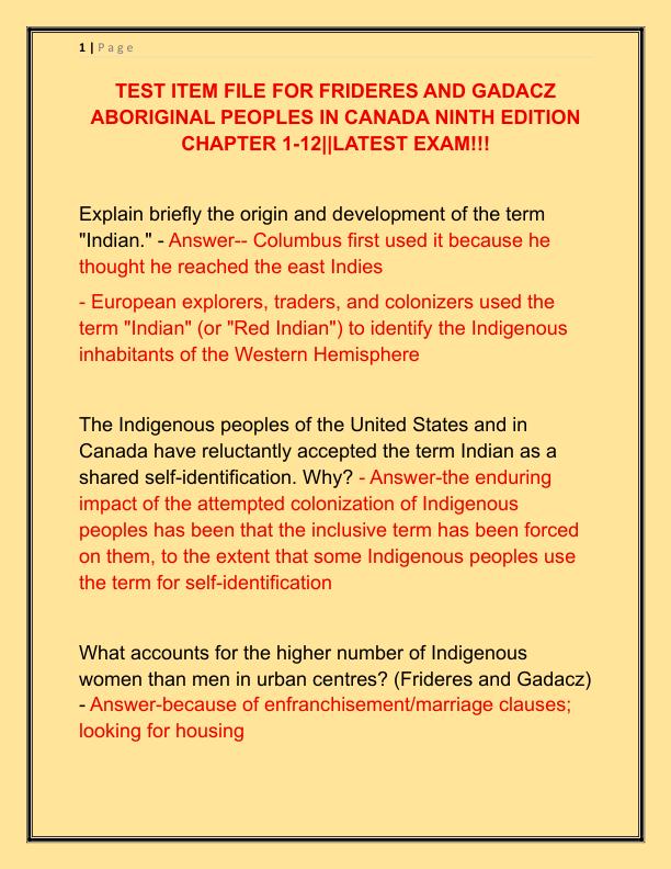 TEST ITEM FILE FOR FRIDERES AND GADACZ ABORIGINAL PEOPLES IN CANADA NINTH EDITION CHAPTER 1