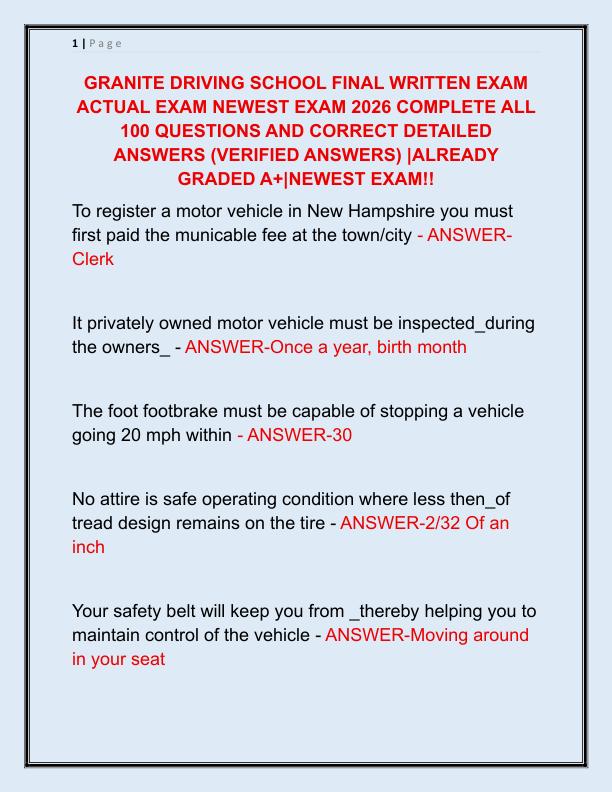 GRANITE DRIVING SCHOOL FINAL WRITTEN EXAM ACTUAL EXAM NEWEST EXAM 2025 COMPLETE ALL 100 QUESTIONS AND CORRECT DETAILED ANSWERS