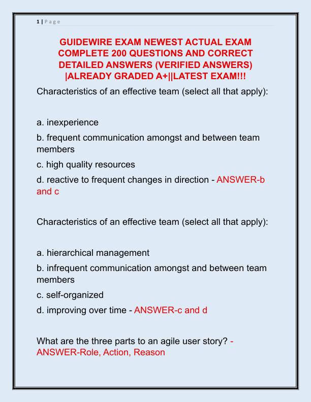 GUIDEWIRE EXAM NEWEST ACTUAL EXAM COMPLETE 200 QUESTIONS AND CORRECT DETAILED ANSWERS