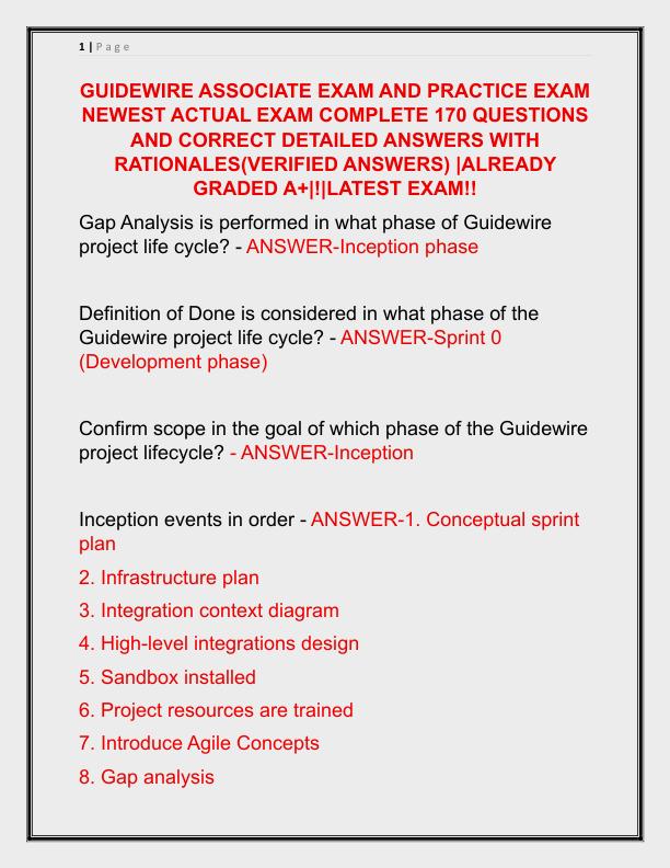 GUIDEWIRE ASSOCIATE EXAM AND PRACTICE EXAM NEWEST ACTUAL EXAM COMPLETE 170 QUESTIONS AND CORRECT DETAILED ANSWERS