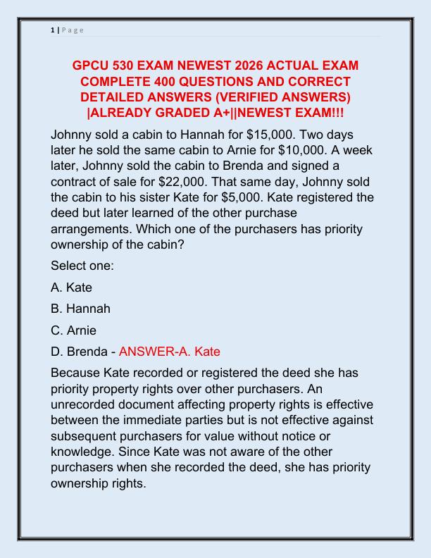 GPCU 530 EXAM NEWEST 2025 ACTUAL EXAM COMPLETE 400 QUESTIONS AND CORRECT DETAILED ANSWERS
