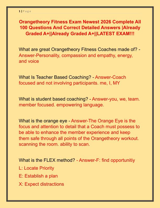 Orangetheory Fitness Exam Newest 2026 Complete All 100 Questions And Correct Detailed Answers