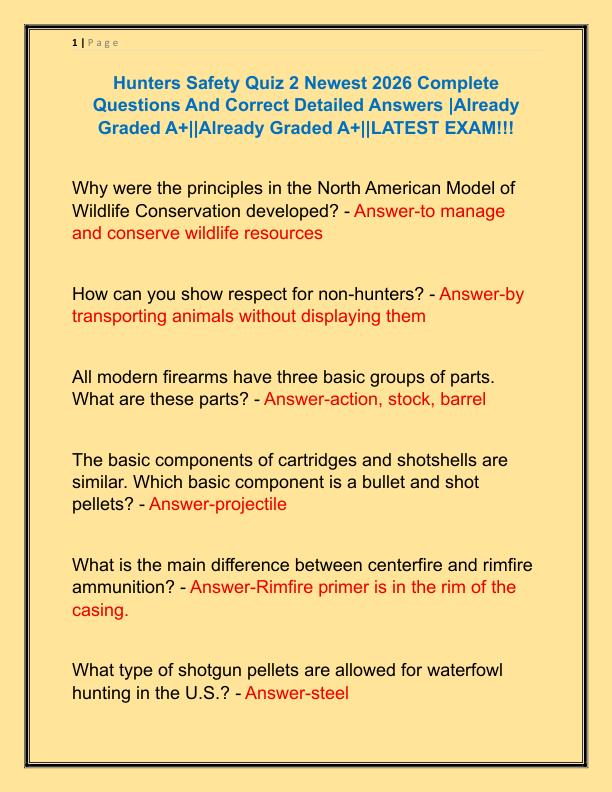 Hunters Safety Quiz 2 Newest 2026 Complete Questions And Correct Detailed Answers