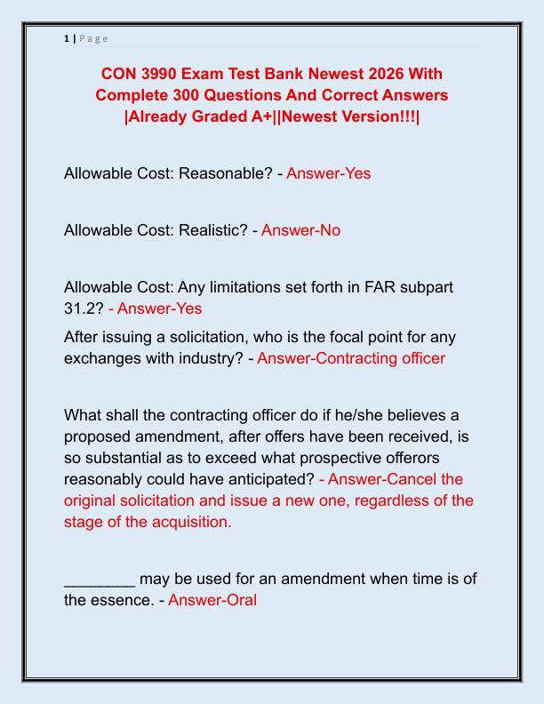 CON 3990 Exam Test Bank Newest 2026 With Complete 300 Questions And Correct Answers